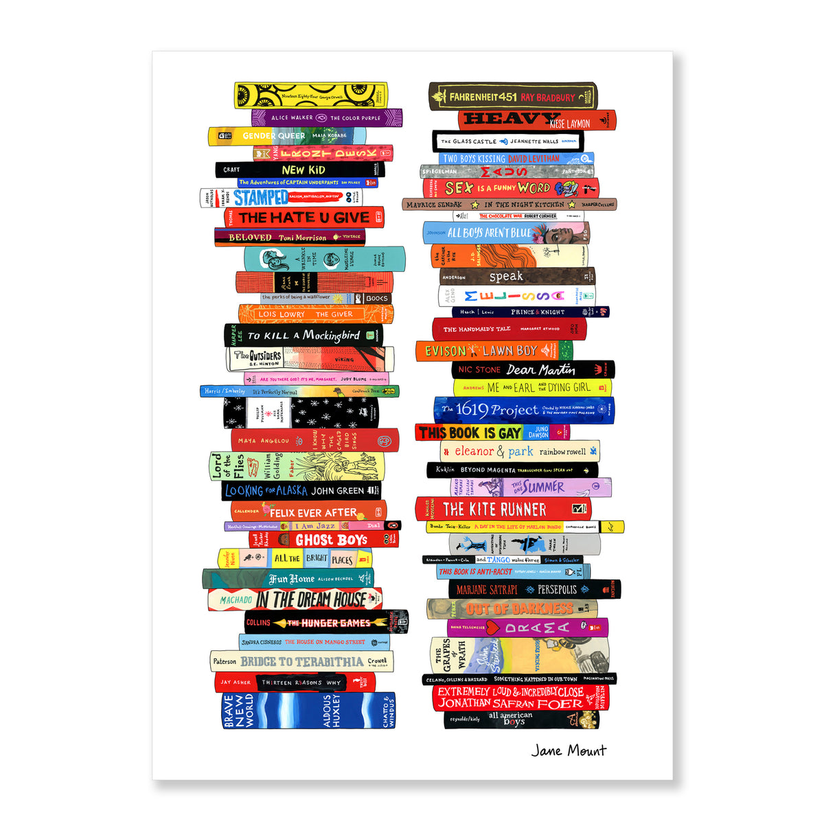 Banned Books Greeting Cards by Jane Mount – a set of illustrated cards featuring a bookshelf of frequently banned books. Perfect for book lovers, literary gifts, and special occasions.