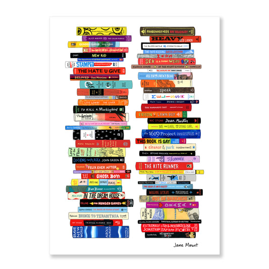 Banned Books Greeting Cards by Jane Mount – a set of illustrated cards featuring a bookshelf of frequently banned books. Perfect for book lovers, literary gifts, and special occasions.
