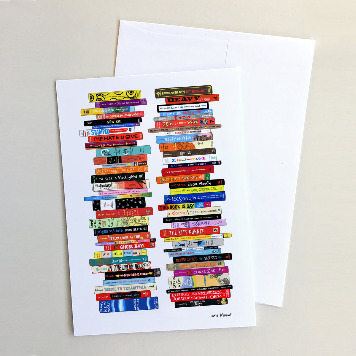 Banned Books Greeting Cards by Jane Mount – a set of illustrated cards featuring a bookshelf of frequently banned books. Perfect for book lovers, literary gifts, and special occasions.