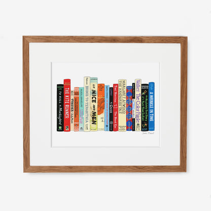 Banned Books print by Jane Mount – an art print featuring a colorful illustrated bookshelf of frequently banned books, including classics like To Kill a Mockingbird and The Adventures of Huckleberry Finn. Museum-quality book lovers' decor.