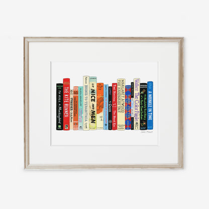 Banned Books print by Jane Mount – an art print featuring a colorful illustrated bookshelf of frequently banned books, including classics like To Kill a Mockingbird and The Adventures of Huckleberry Finn. Museum-quality book lovers' decor.