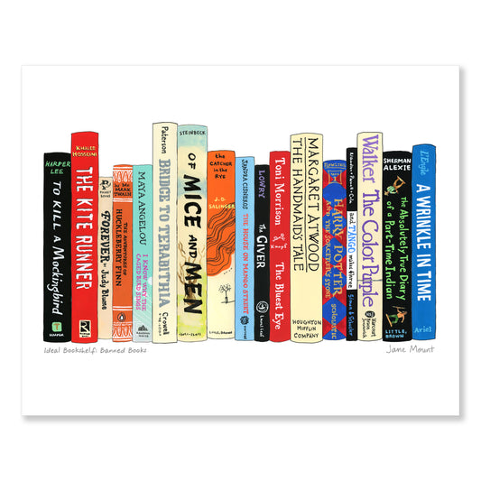 Banned Books print by Jane Mount – an art print featuring a colorful illustrated bookshelf of frequently banned books, including classics like To Kill a Mockingbird and The Adventures of Huckleberry Finn. Museum-quality book lovers' decor.