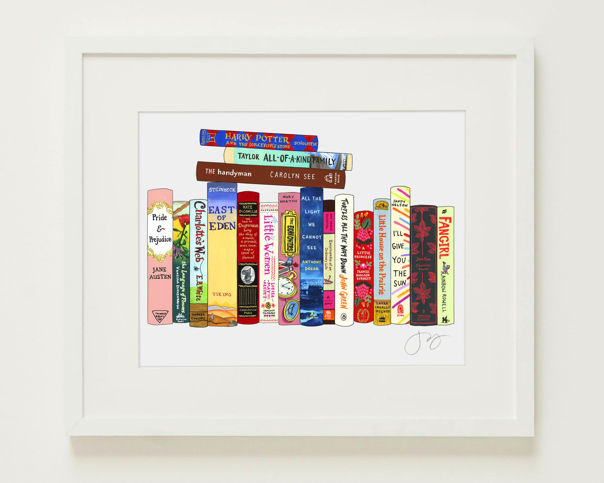 Custom Ideal Bookshelf Print by Jane Mount – a personalized art print featuring an illustrated bookshelf featuring your favorite books. A unique, museum-quality gift for booklovers and readers.