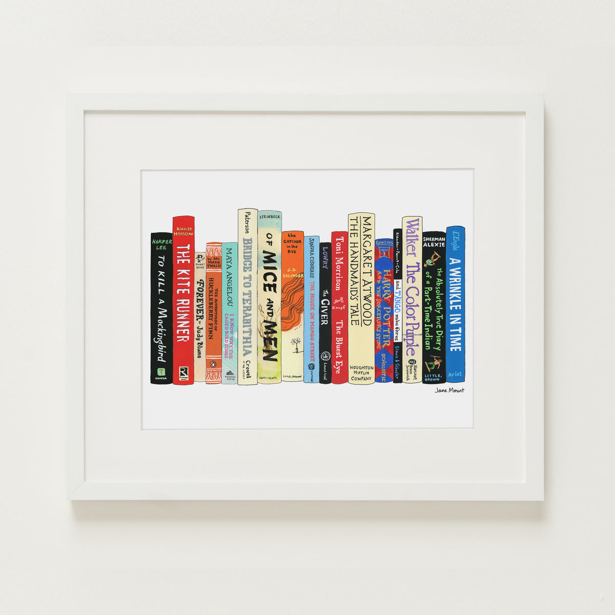 Banned Books print by Jane Mount – an art print featuring a colorful illustrated bookshelf of frequently banned books, including classics like To Kill a Mockingbird and The Adventures of Huckleberry Finn. Museum-quality book lovers' decor.